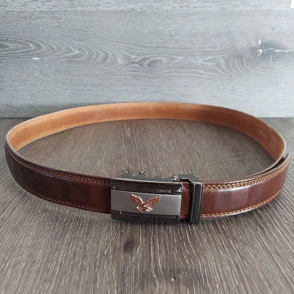 Brown Ratchet Leather Belt Eagle Buckle Size L 38"-40"